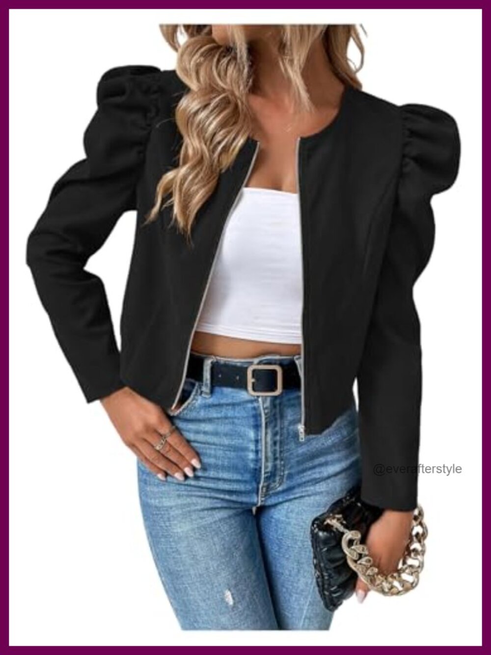 Elegant Puff Sleeve Zip Up Lightweight Cropped Jacket Outwear